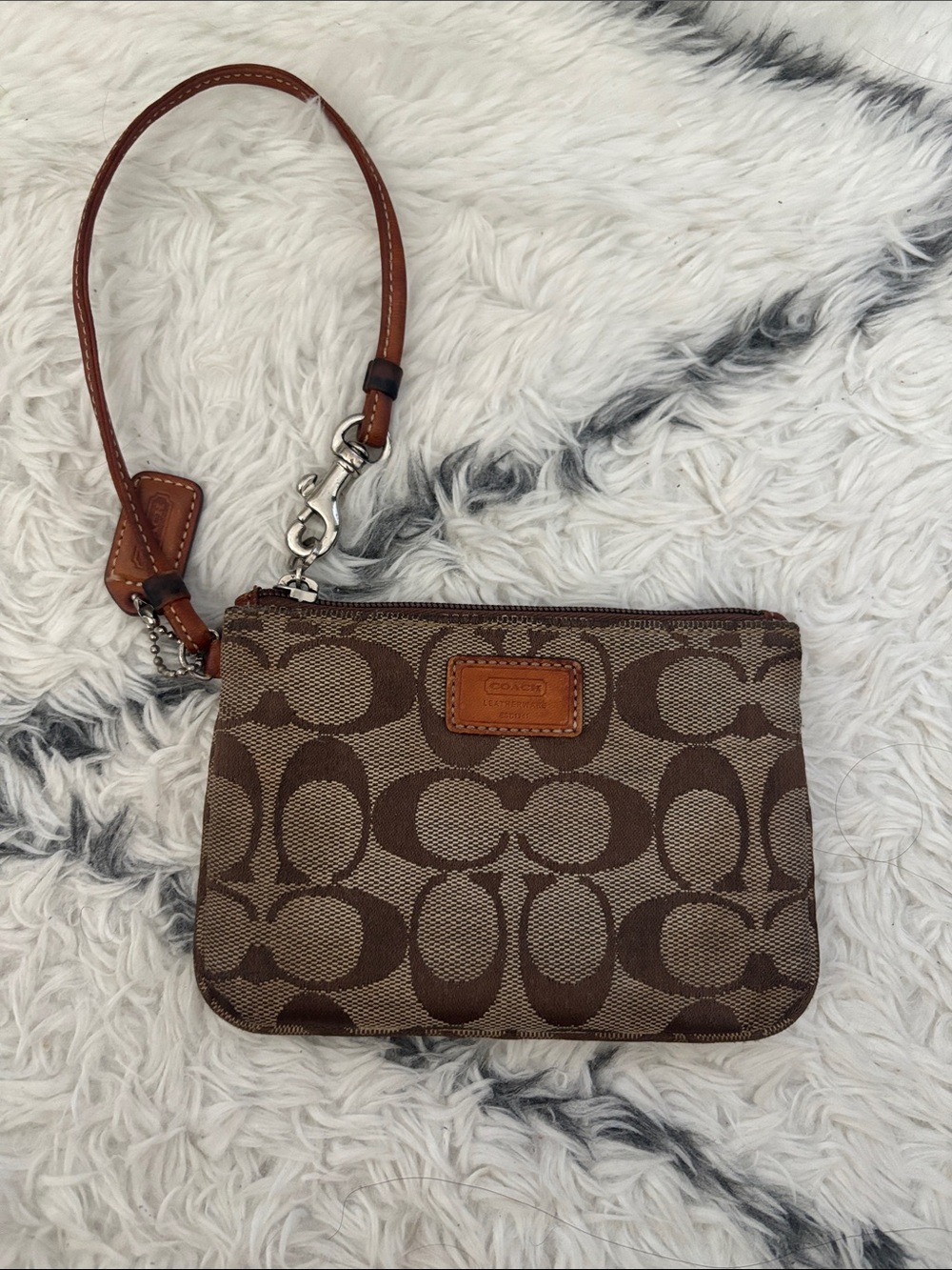 Coach Brown Signature Canvas Wristlet with Tan Leather Strap